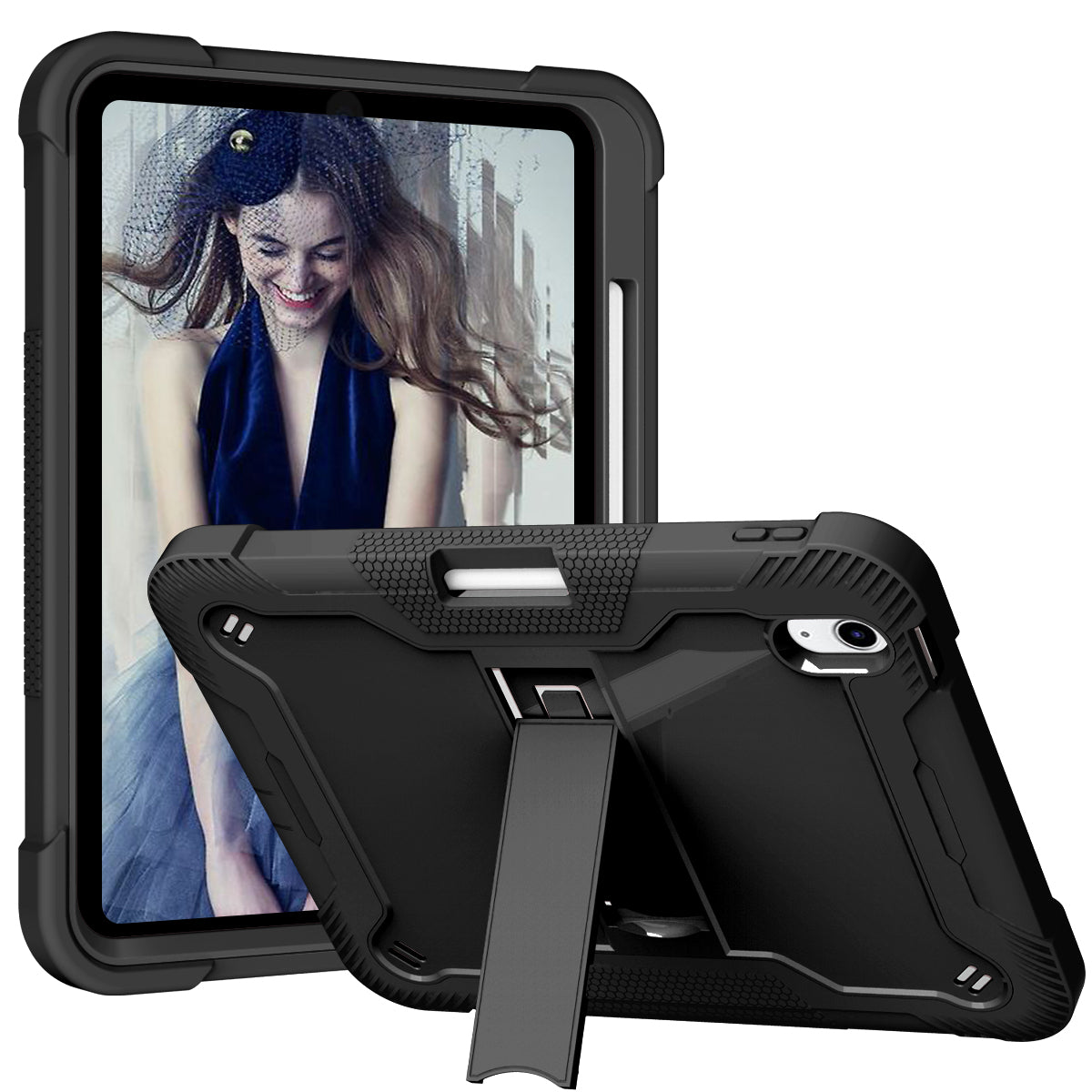 For iPad 10.9 (2022) Tablet Cover Armor Defender Silicone + PC Kickstand Case with Pencil Holder