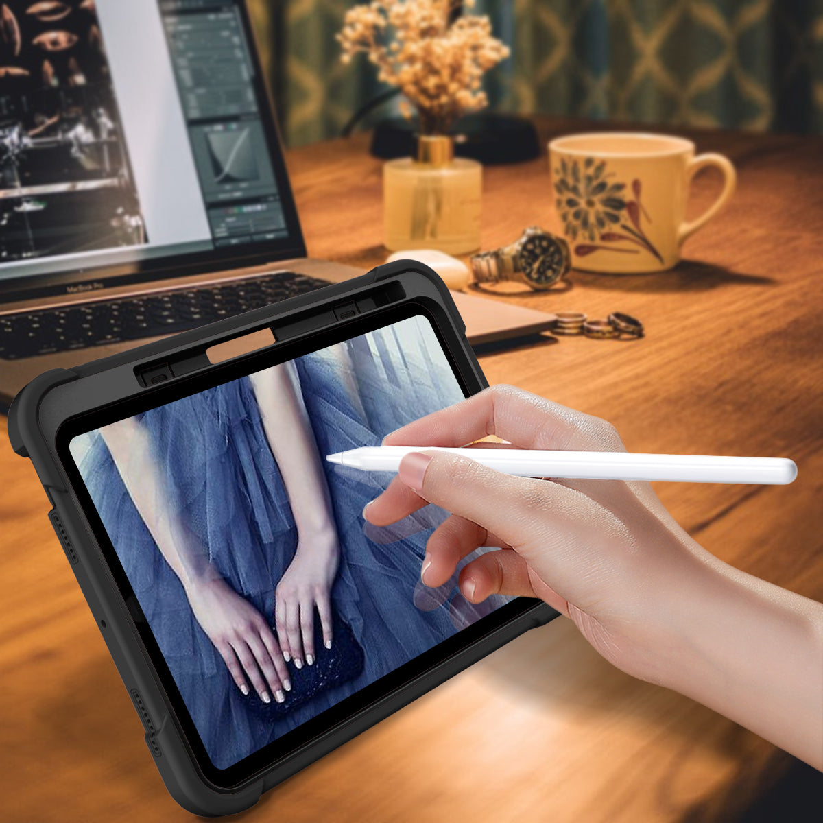 For iPad 10.9 (2022) Tablet Cover Armor Defender Silicone + PC Kickstand Case with Pencil Holder