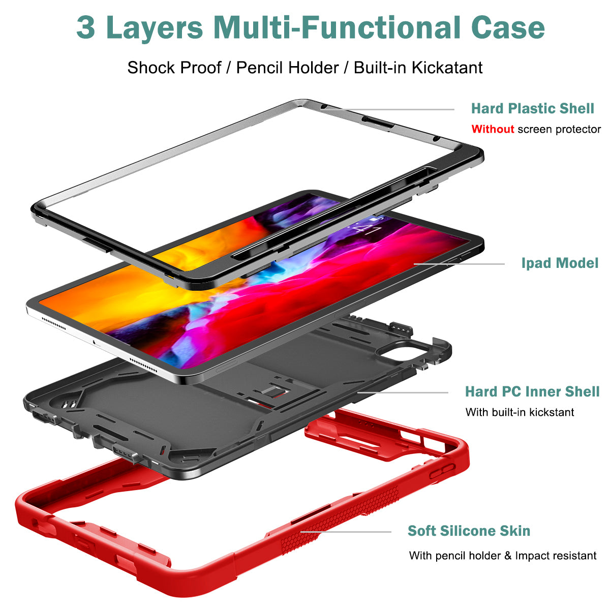 Tablet Case for iPad Pro 11 (2018) / (2020) / (2021) / (2022) / iPad Air (2020) / (2022) , Silicone + PC Kickstand Cover with Pencil Holder