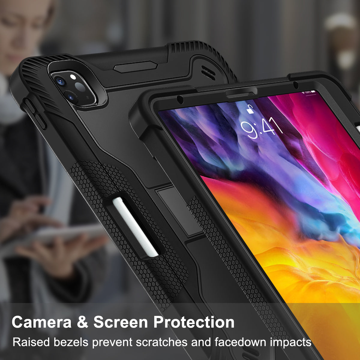 Tablet Case for iPad Pro 11 (2018) / (2020) / (2021) / (2022) / iPad Air (2020) / (2022) , Silicone + PC Kickstand Cover with Pencil Holder
