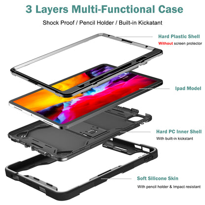 Tablet Case for iPad Pro 11 (2018) / (2020) / (2021) / (2022) / iPad Air (2020) / (2022) , Silicone + PC Kickstand Cover with Pencil Holder
