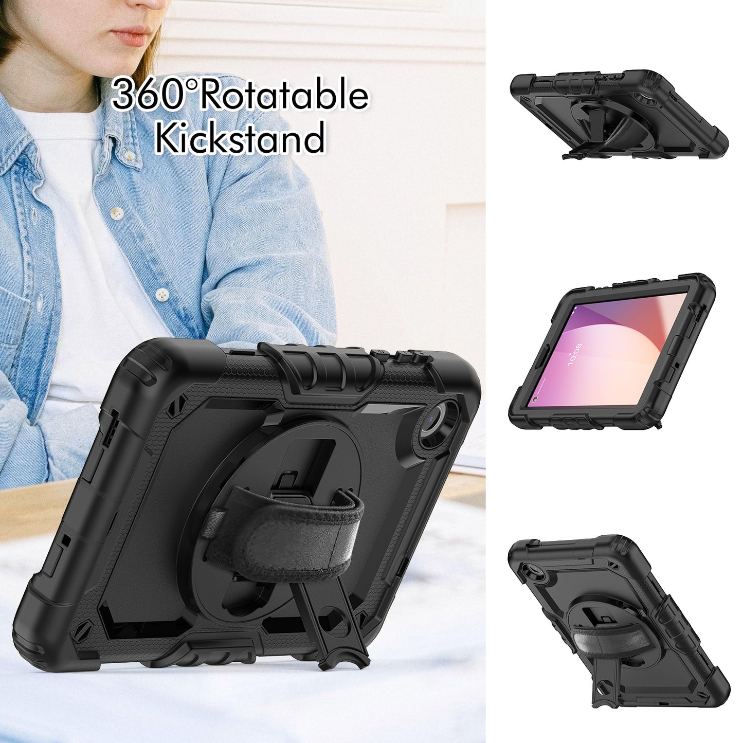 For Lenovo Tab M8 Gen 4 TB300XU Silicone+PC Tablet Case Hand Strap Kickstand Cover with Shoulder Strap PET Screen Film