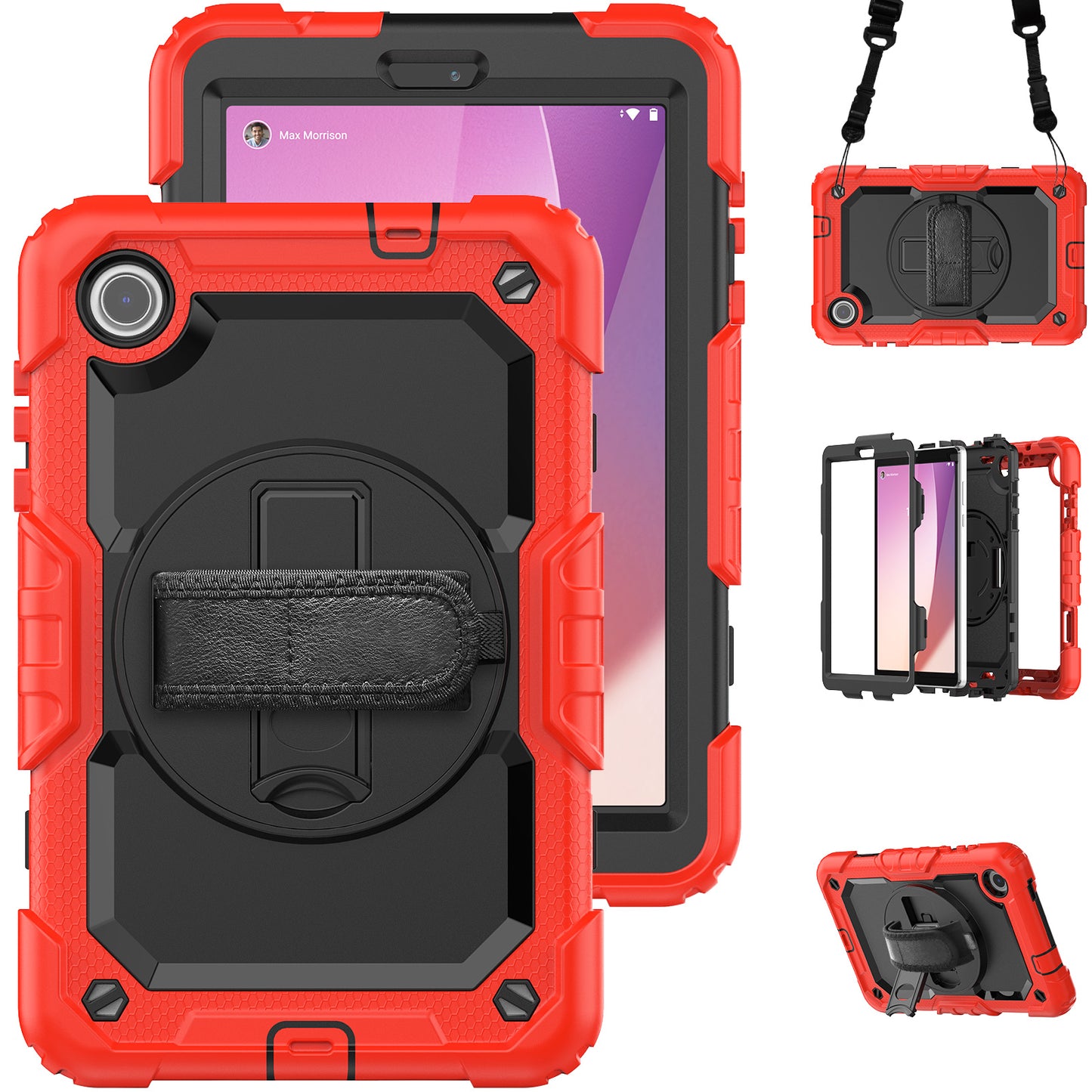 For Lenovo Tab M8 Gen 4 TB300XU Silicone+PC Tablet Case Hand Strap Kickstand Cover with Shoulder Strap PET Screen Film