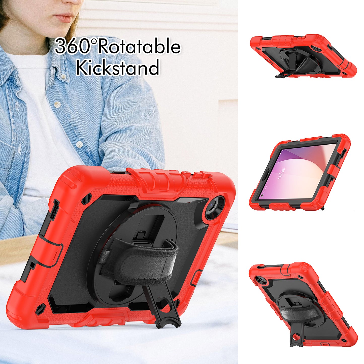 For Lenovo Tab M8 Gen 4 TB300XU Silicone+PC Tablet Case Hand Strap Kickstand Cover with Shoulder Strap PET Screen Film