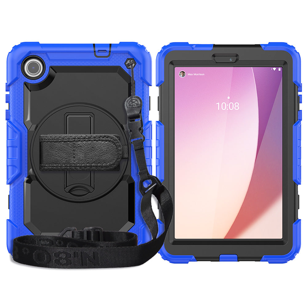 For Lenovo Tab M8 Gen 4 TB300XU Silicone+PC Tablet Case Hand Strap Kickstand Cover with Shoulder Strap PET Screen Film