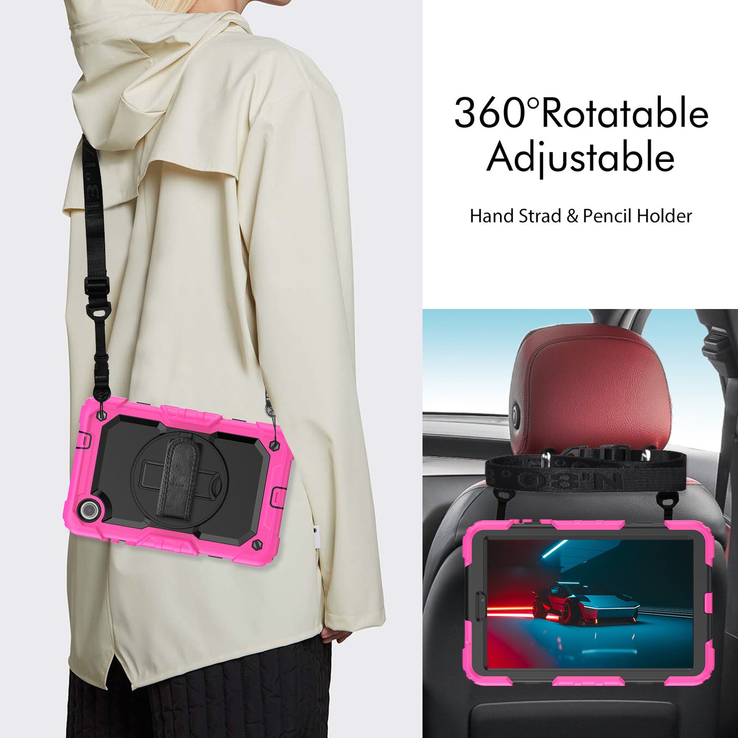 For Lenovo Tab M8 Gen 4 TB300XU Silicone+PC Tablet Case Hand Strap Kickstand Cover with Shoulder Strap PET Screen Film