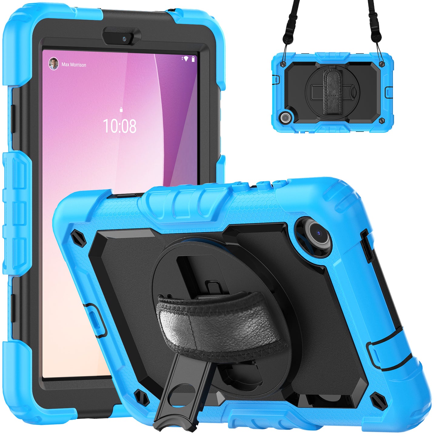 For Lenovo Tab M8 Gen 4 TB300XU Silicone+PC Tablet Case Hand Strap Kickstand Cover with Shoulder Strap PET Screen Film
