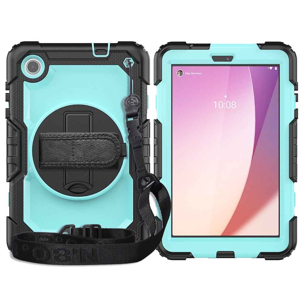 For Lenovo Tab M8 Gen 4 TB300XU Silicone+PC Tablet Case Hand Strap Kickstand Cover with Shoulder Strap PET Screen Film