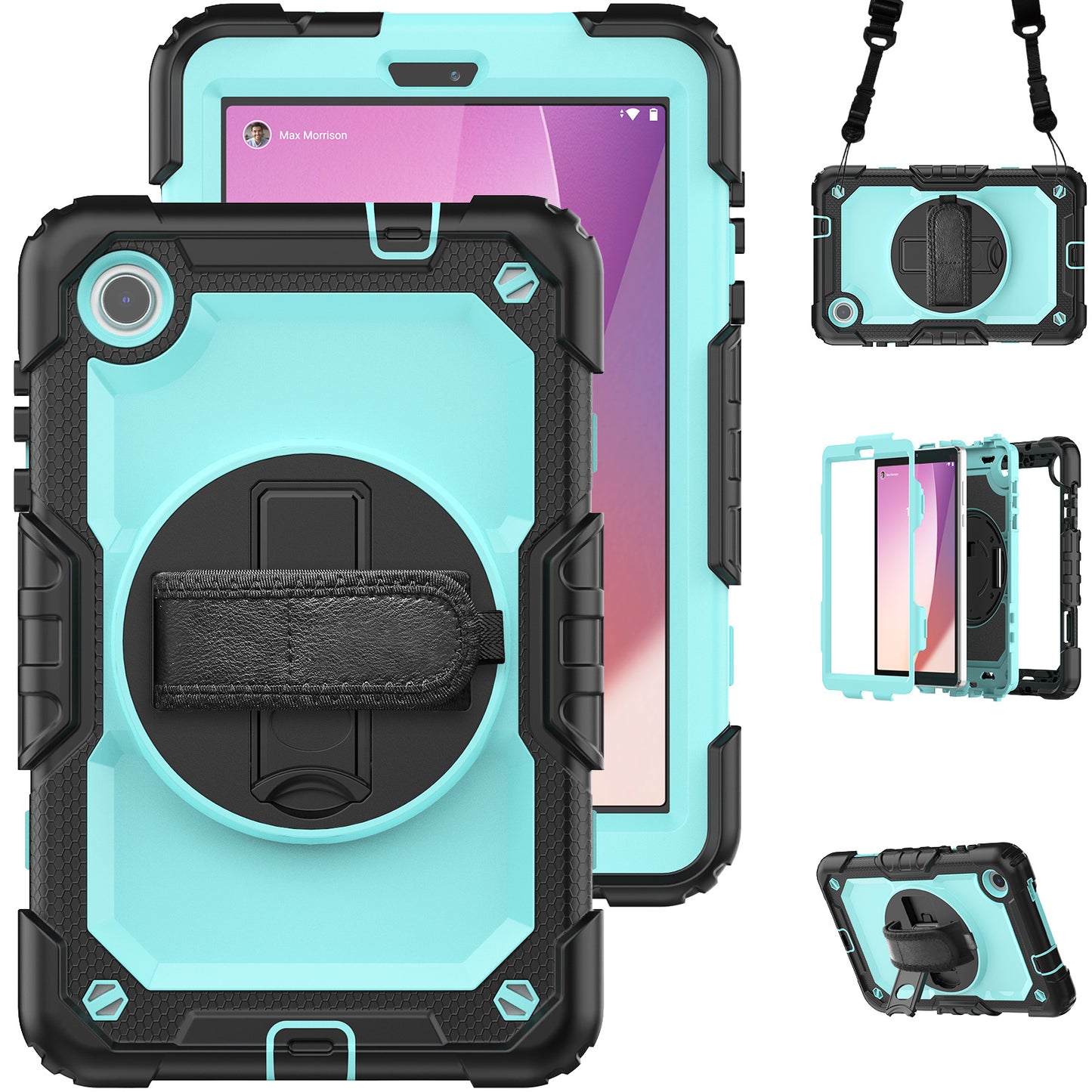 For Lenovo Tab M8 Gen 4 TB300XU Silicone+PC Tablet Case Hand Strap Kickstand Cover with Shoulder Strap PET Screen Film