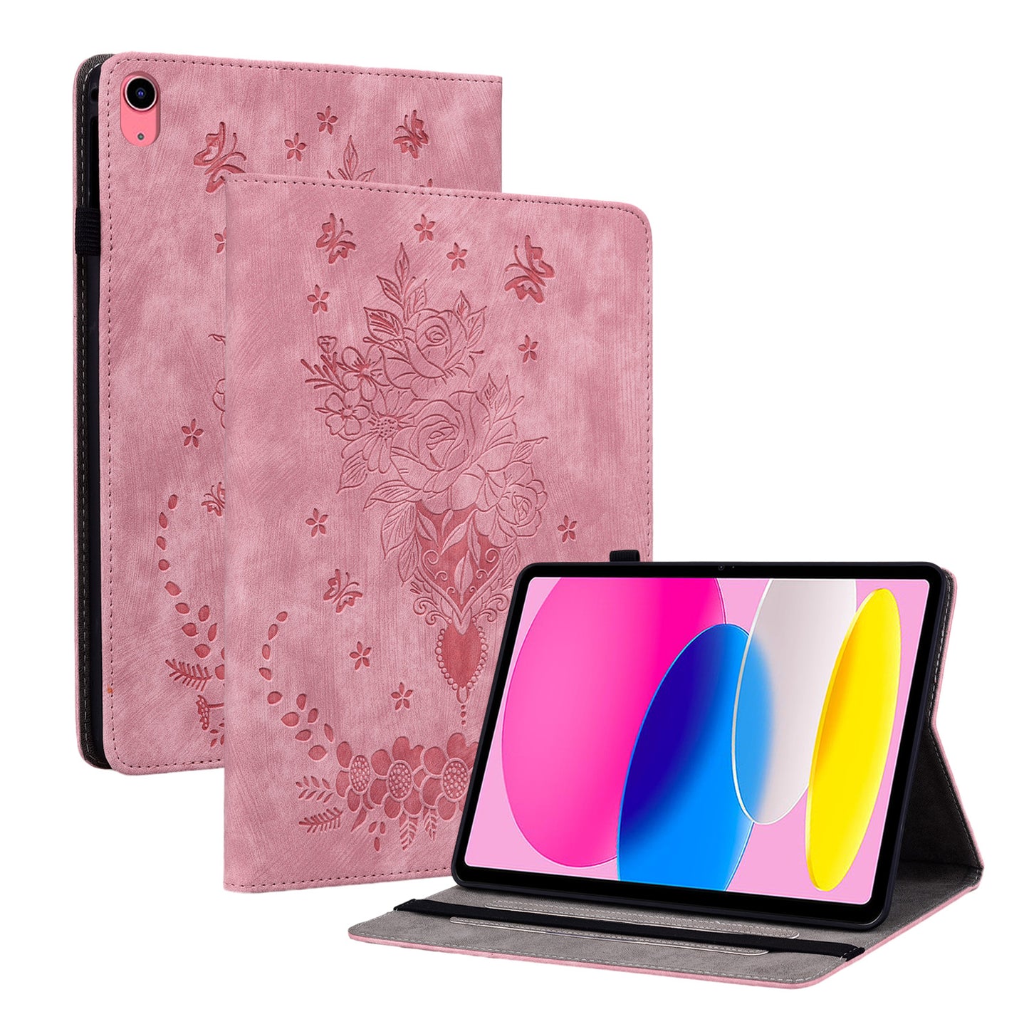 For iPad 10.9 (2022) PU Leather Stand Case Butterfly Rose Imprinted Card Holder Tablet Cover