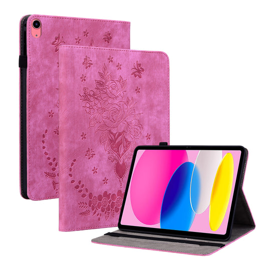 For iPad 10.9 (2022) PU Leather Stand Case Butterfly Rose Imprinted Card Holder Tablet Cover