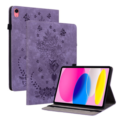 For iPad 10.9 (2022) PU Leather Stand Case Butterfly Rose Imprinted Card Holder Tablet Cover