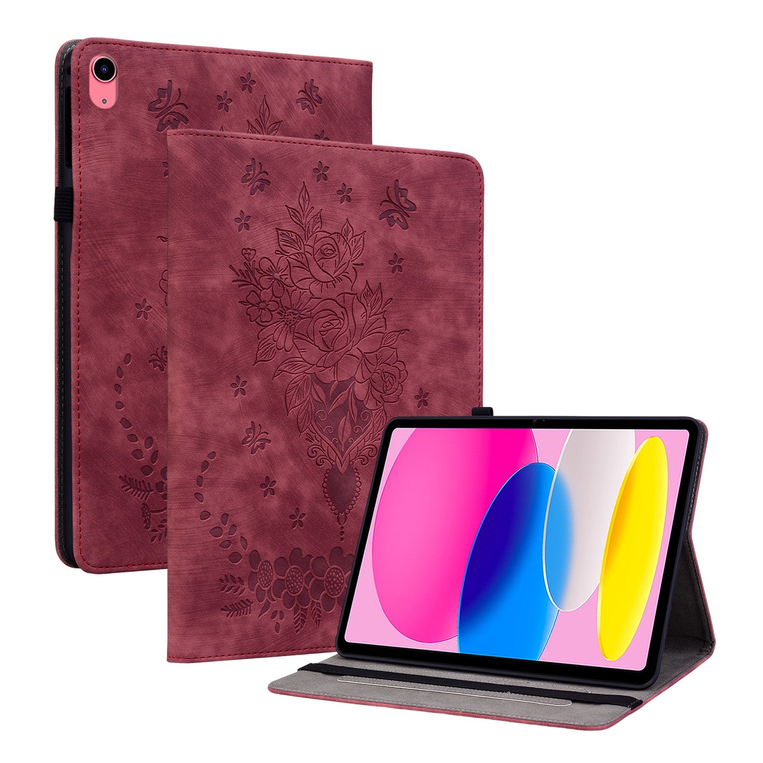 For iPad 10.9 (2022) PU Leather Stand Case Butterfly Rose Imprinted Card Holder Tablet Cover