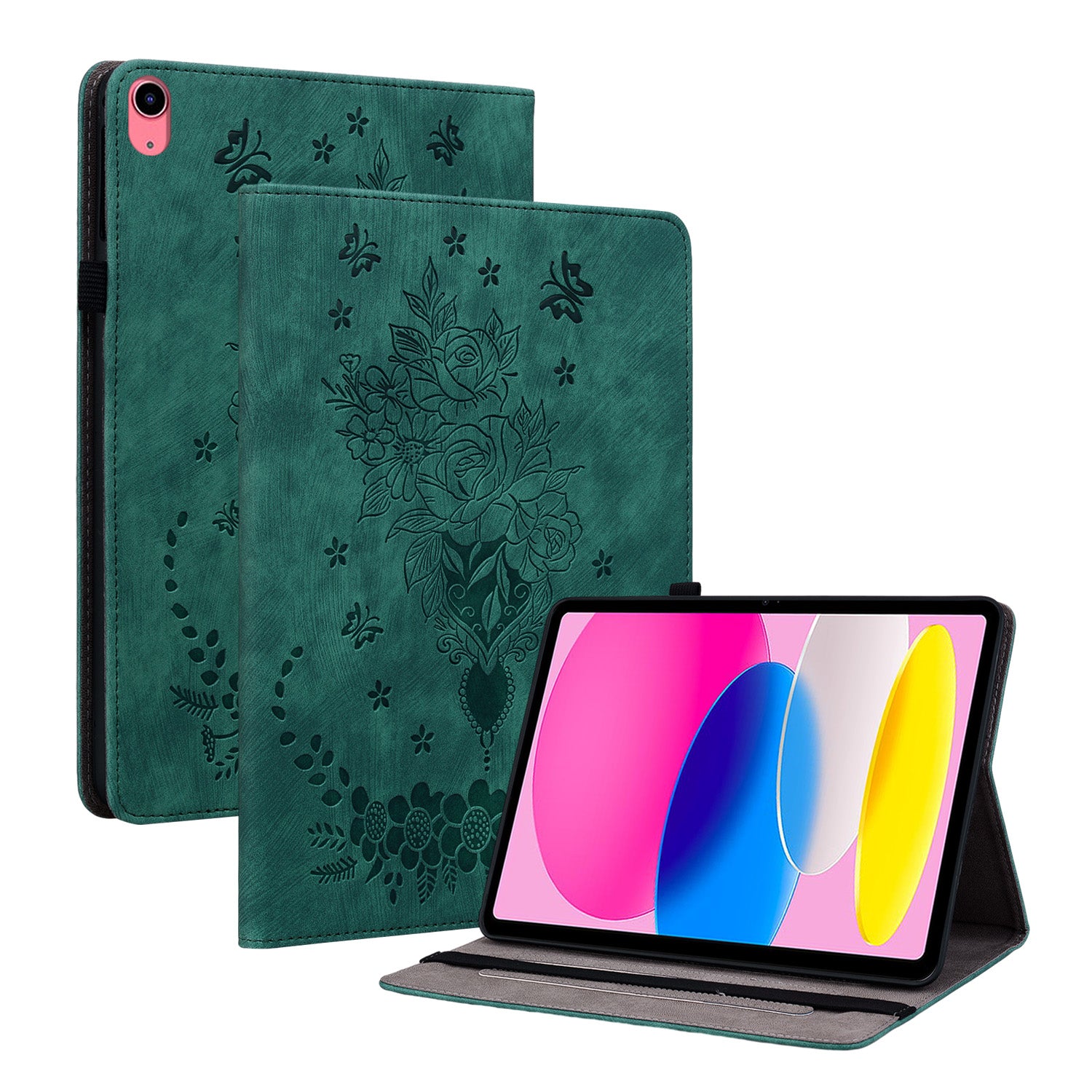 For iPad 10.9 (2022) PU Leather Stand Case Butterfly Rose Imprinted Card Holder Tablet Cover