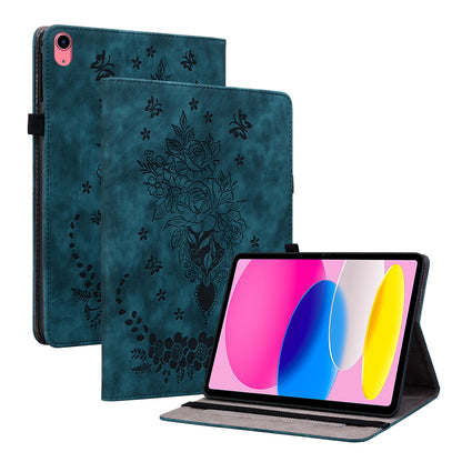 For iPad 10.9 (2022) PU Leather Stand Case Butterfly Rose Imprinted Card Holder Tablet Cover