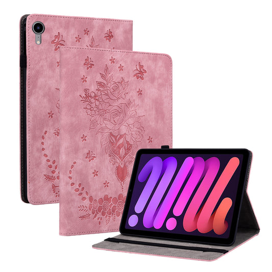 For iPad mini (2021) PU Leather Card Holder Shell Butterfly Rose Imprinted Tablet Stand Case