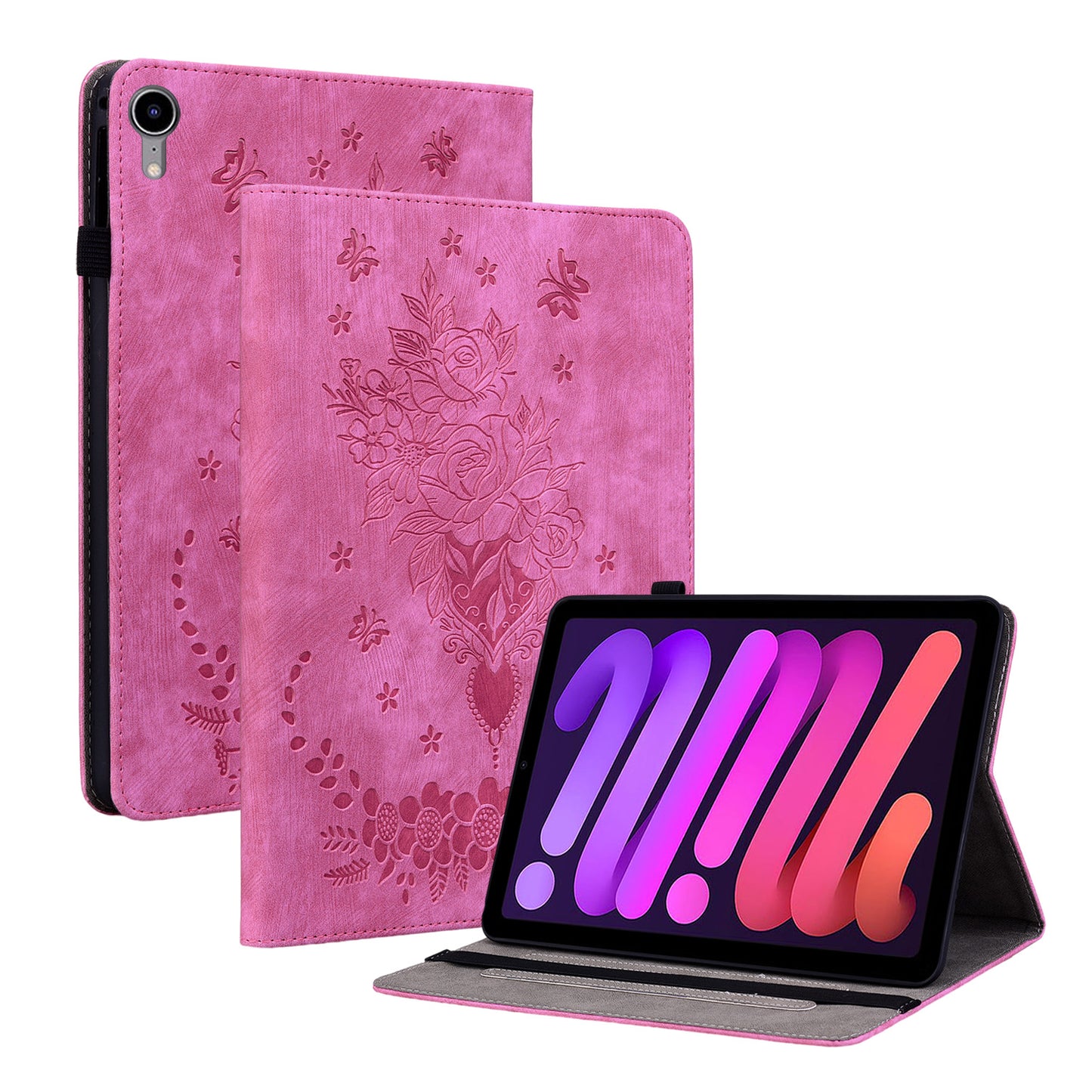 For iPad mini (2021) PU Leather Card Holder Shell Butterfly Rose Imprinted Tablet Stand Case