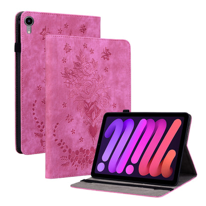 For iPad mini (2021) PU Leather Card Holder Shell Butterfly Rose Imprinted Tablet Stand Case