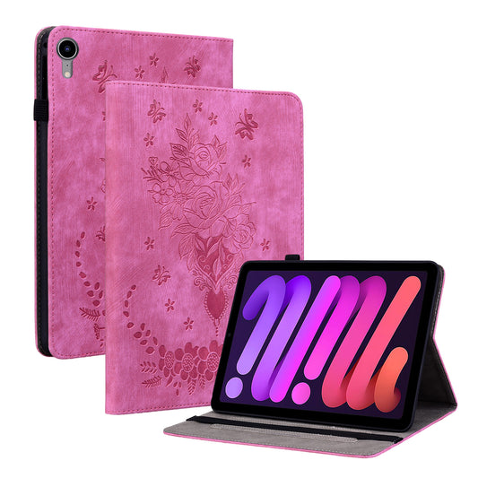 For iPad mini (2021) PU Leather Card Holder Shell Butterfly Rose Imprinted Tablet Stand Case