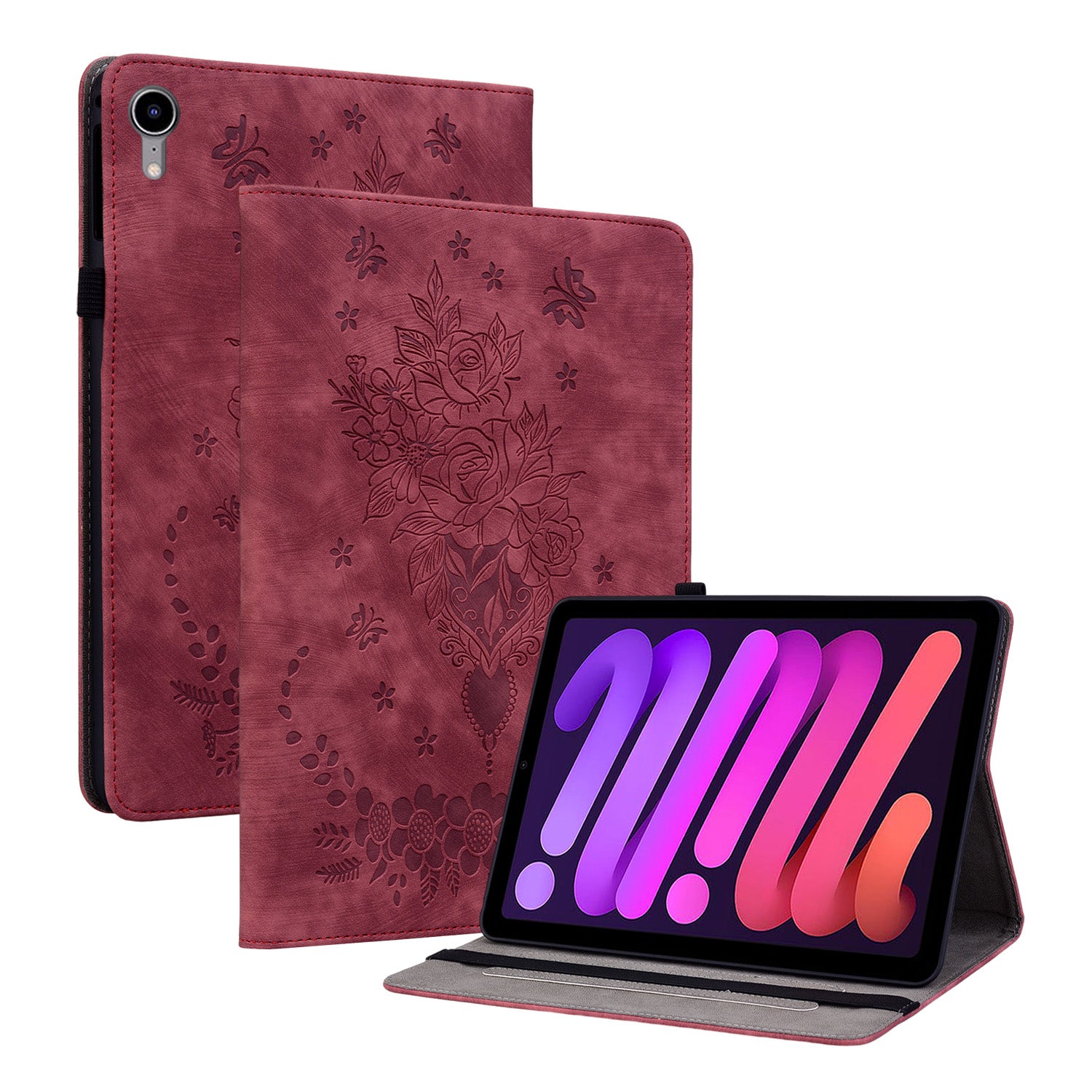 For iPad mini (2021) PU Leather Card Holder Shell Butterfly Rose Imprinted Tablet Stand Case