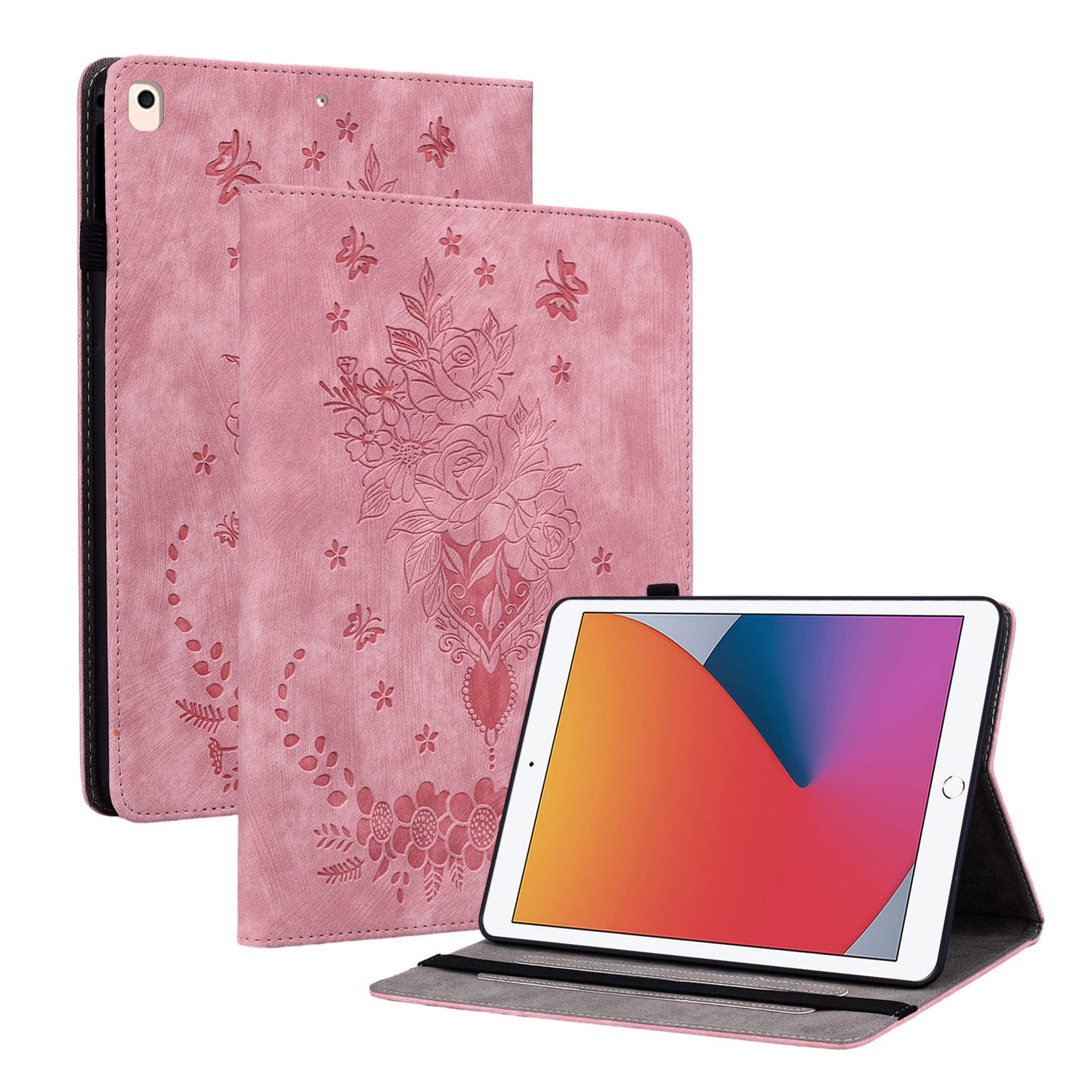 For iPad Air (2013) / Air 2 / iPad 9.7-inch (2017) / (2018) PU Leather Stand Shell Butterfly Rose Imprinted Tablet Case with Card Slots