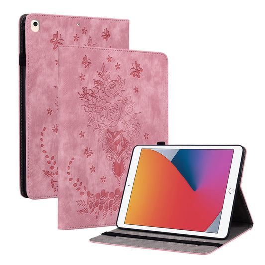 For iPad Air (2013) / Air 2 / iPad 9.7-inch (2017) / (2018) PU Leather Stand Shell Butterfly Rose Imprinted Tablet Case with Card Slots