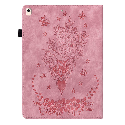 For iPad Air (2013) / Air 2 / iPad 9.7-inch (2017) / (2018) PU Leather Stand Shell Butterfly Rose Imprinted Tablet Case with Card Slots