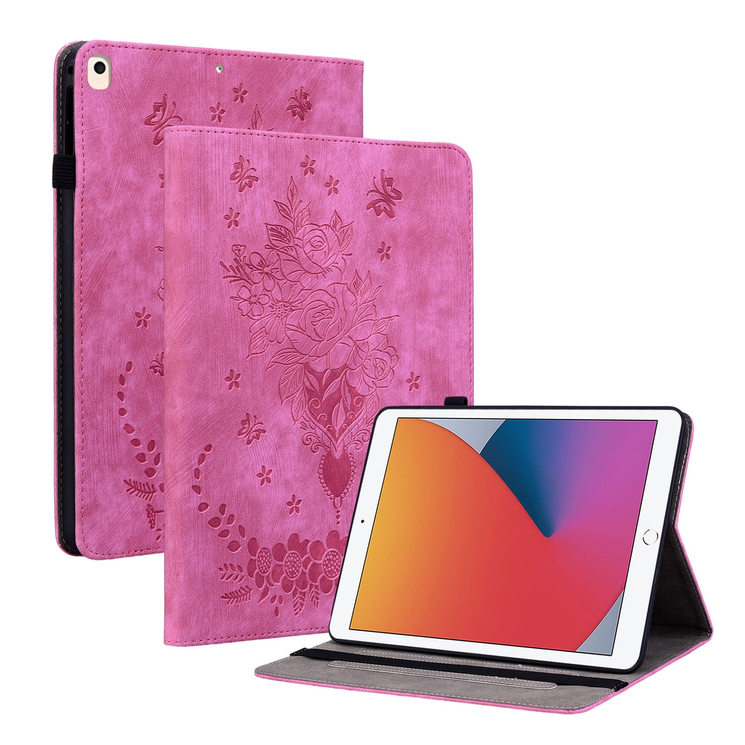 For iPad Air (2013) / Air 2 / iPad 9.7-inch (2017) / (2018) PU Leather Stand Shell Butterfly Rose Imprinted Tablet Case with Card Slots