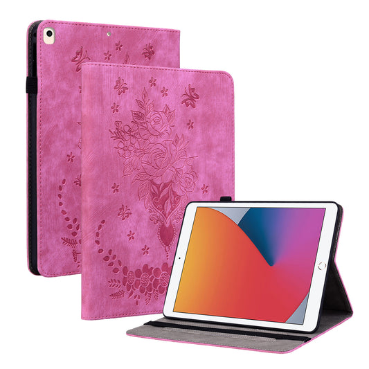 For iPad Air (2013) / Air 2 / iPad 9.7-inch (2017) / (2018) PU Leather Stand Shell Butterfly Rose Imprinted Tablet Case with Card Slots