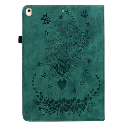 For iPad Air (2013) / Air 2 / iPad 9.7-inch (2017) / (2018) PU Leather Stand Shell Butterfly Rose Imprinted Tablet Case with Card Slots