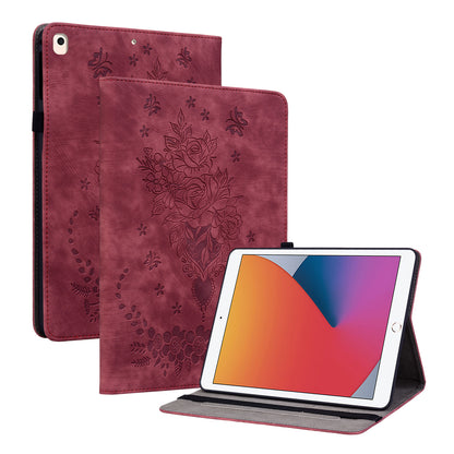 For iPad Air (2013) / Air 2 / iPad 9.7-inch (2017) / (2018) PU Leather Stand Shell Butterfly Rose Imprinted Tablet Case with Card Slots