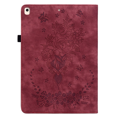 For iPad Air (2013) / Air 2 / iPad 9.7-inch (2017) / (2018) PU Leather Stand Shell Butterfly Rose Imprinted Tablet Case with Card Slots