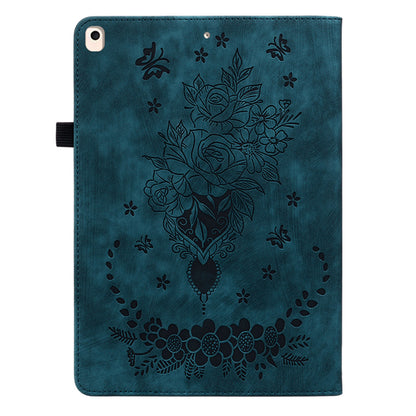 For iPad Air (2013) / Air 2 / iPad 9.7-inch (2017) / (2018) PU Leather Stand Shell Butterfly Rose Imprinted Tablet Case with Card Slots