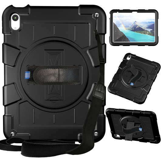 For iPad 10.9 (2022) TPU+PC Tablet Case Rotating Hand Strap Kickstand Cover with Shoulder Strap