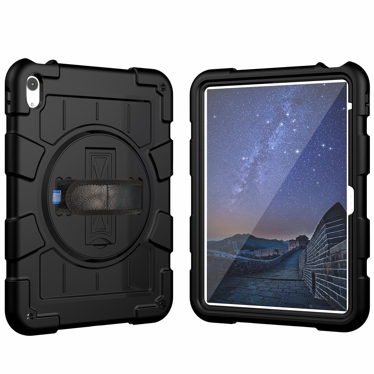 For iPad 10.9 (2022) TPU+PC Tablet Case Rotating Hand Strap Kickstand Cover with Shoulder Strap