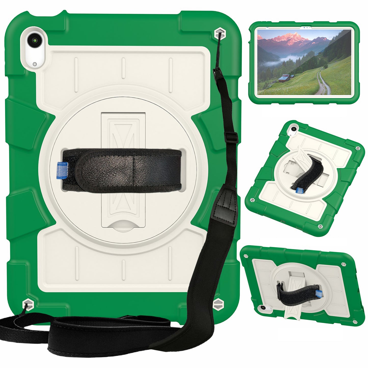 For iPad 10.9 (2022) TPU+PC Tablet Case Rotating Hand Strap Kickstand Cover with Shoulder Strap