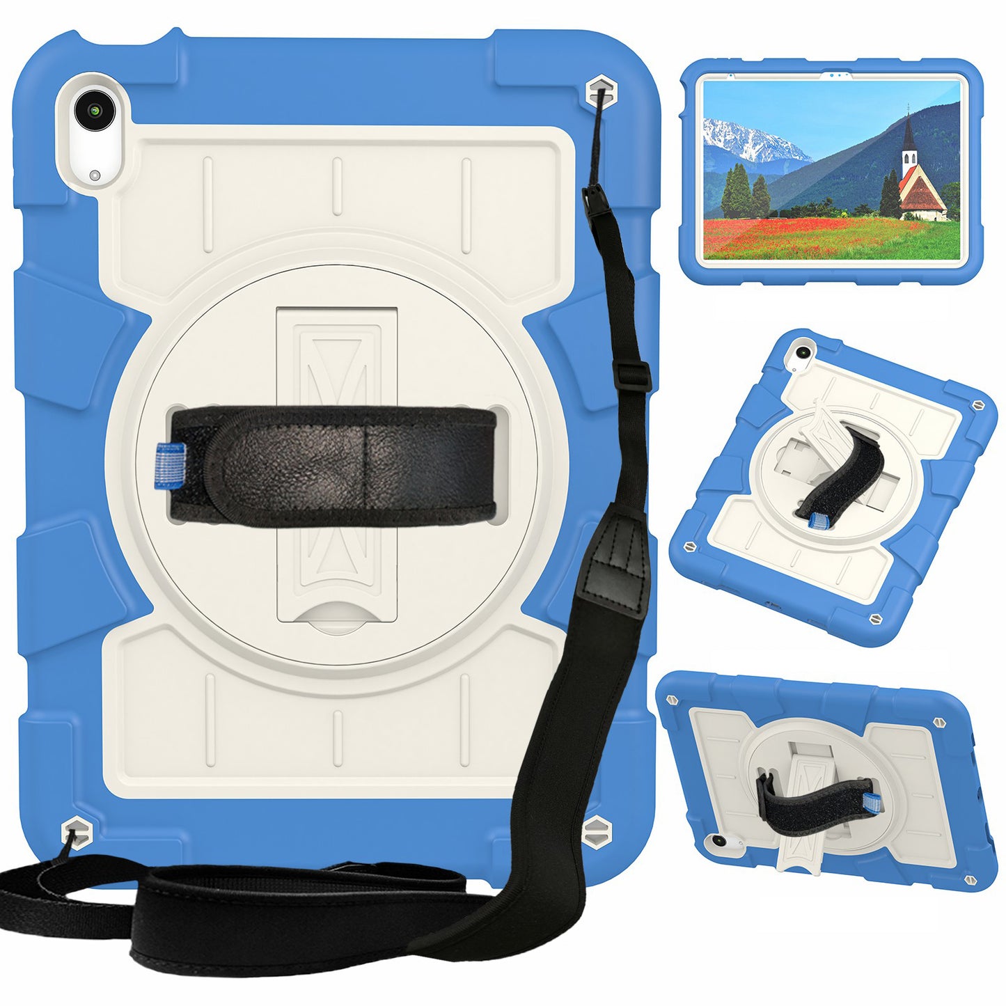 For iPad 10.9 (2022) TPU+PC Tablet Case Rotating Hand Strap Kickstand Cover with Shoulder Strap