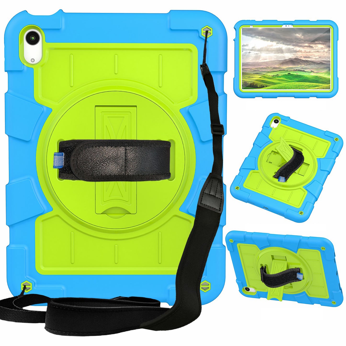 For iPad 10.9 (2022) TPU+PC Tablet Case Rotating Hand Strap Kickstand Cover with Shoulder Strap
