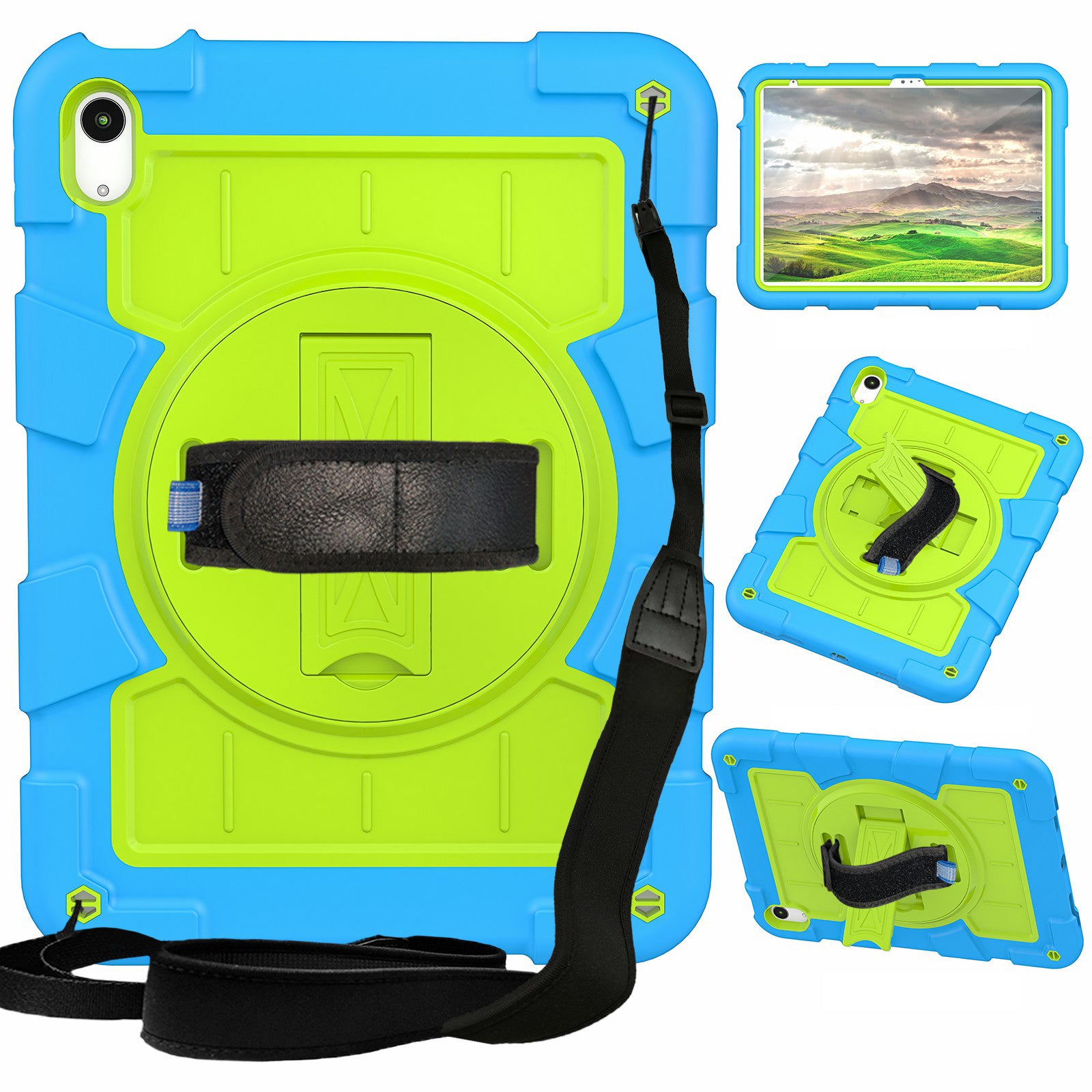 For iPad 10.9 (2022) TPU+PC Tablet Case Rotating Hand Strap Kickstand Cover with Shoulder Strap