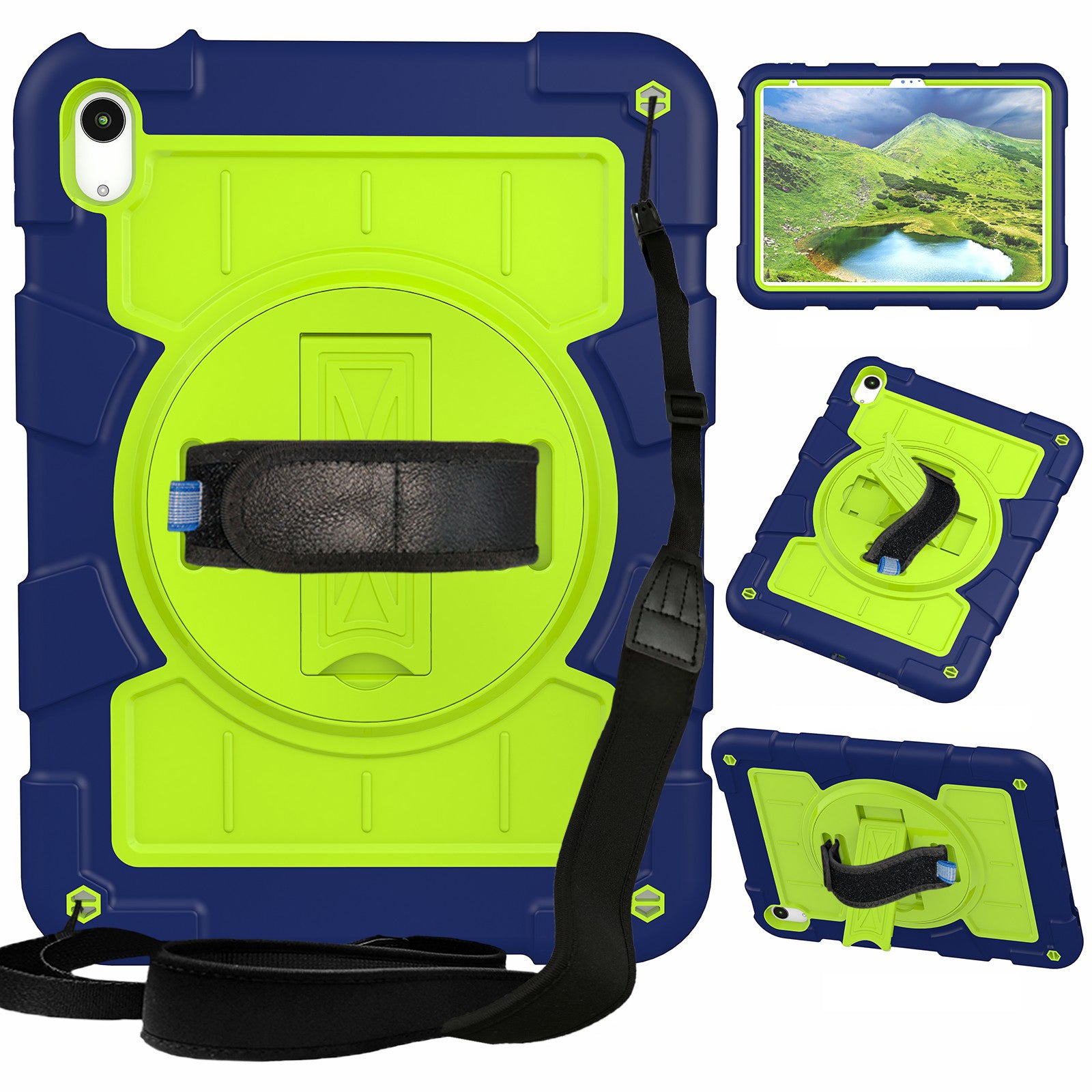 For iPad 10.9 (2022) TPU+PC Tablet Case Rotating Hand Strap Kickstand Cover with Shoulder Strap
