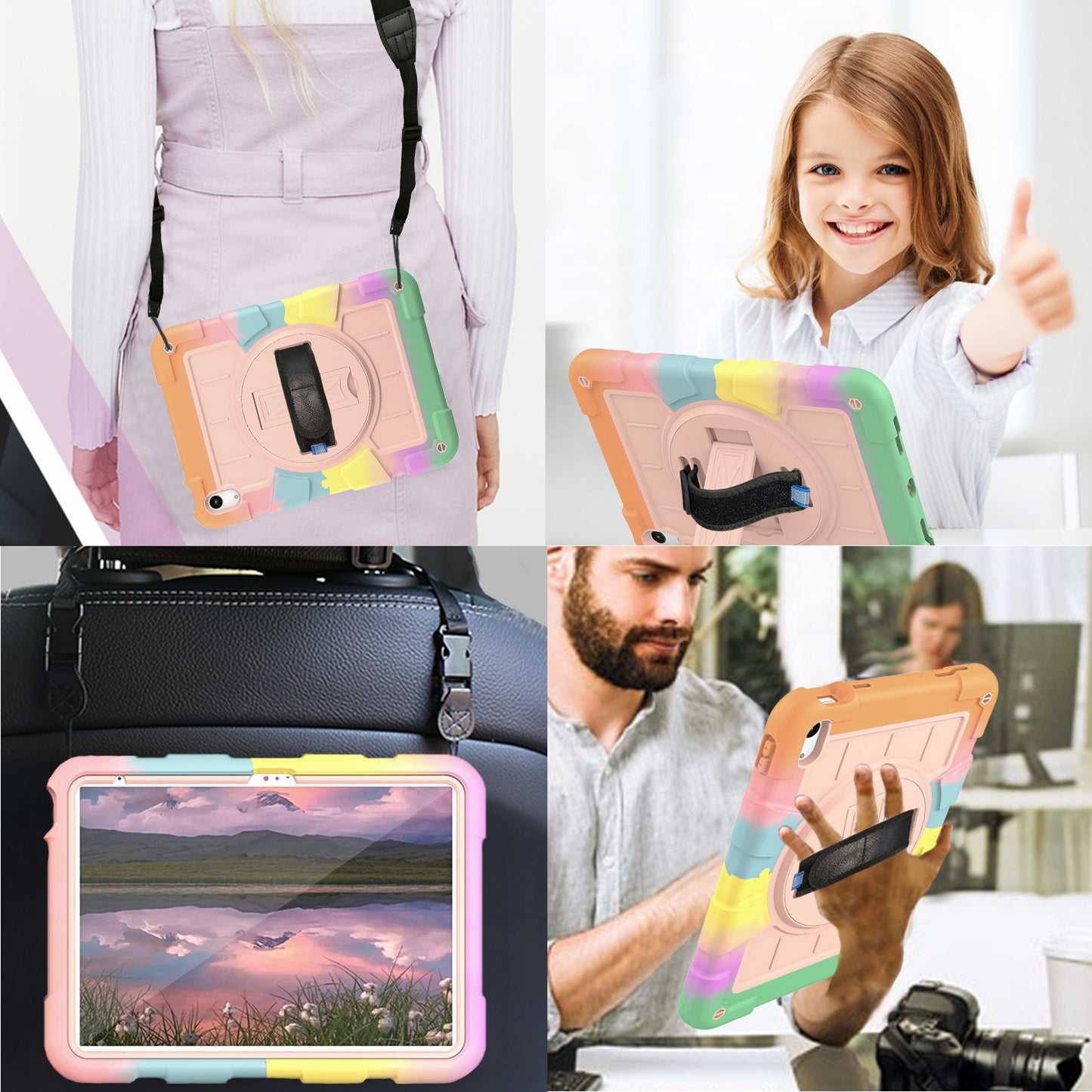 For iPad 10.9 (2022) TPU+PC Tablet Case Rotating Hand Strap Kickstand Cover with Shoulder Strap