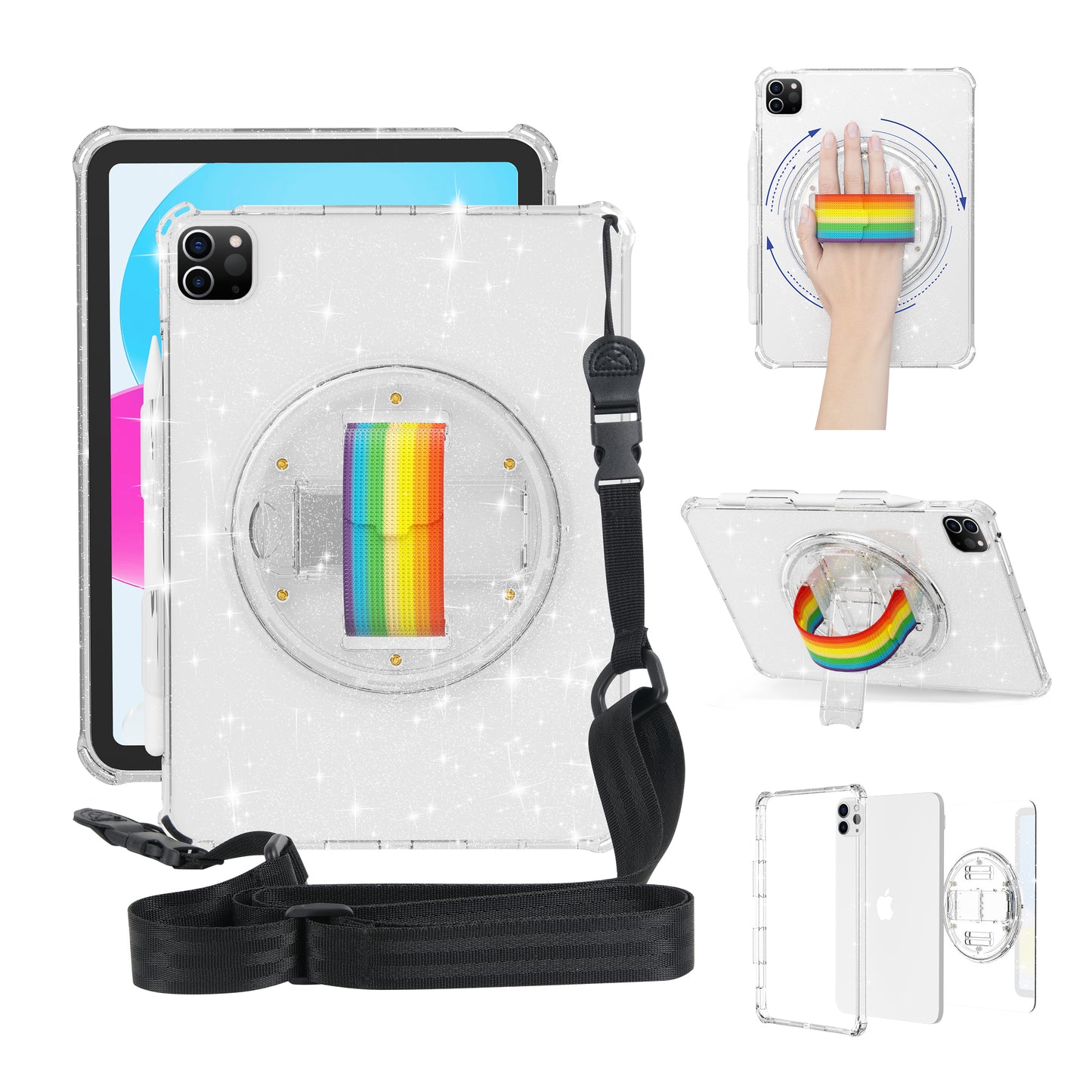 For iPad Pro 11 (2018) / (2020) / (2021) / (2022) Kickstand Tablet Case Rotary Hand Strap TPU+PC Cover with Shoulder Strap