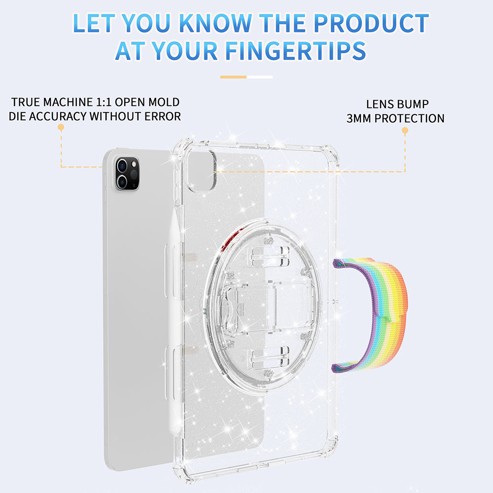 For iPad Pro 11 (2018) / (2020) / (2021) / (2022) Kickstand Tablet Case Rotary Hand Strap TPU+PC Cover with Shoulder Strap