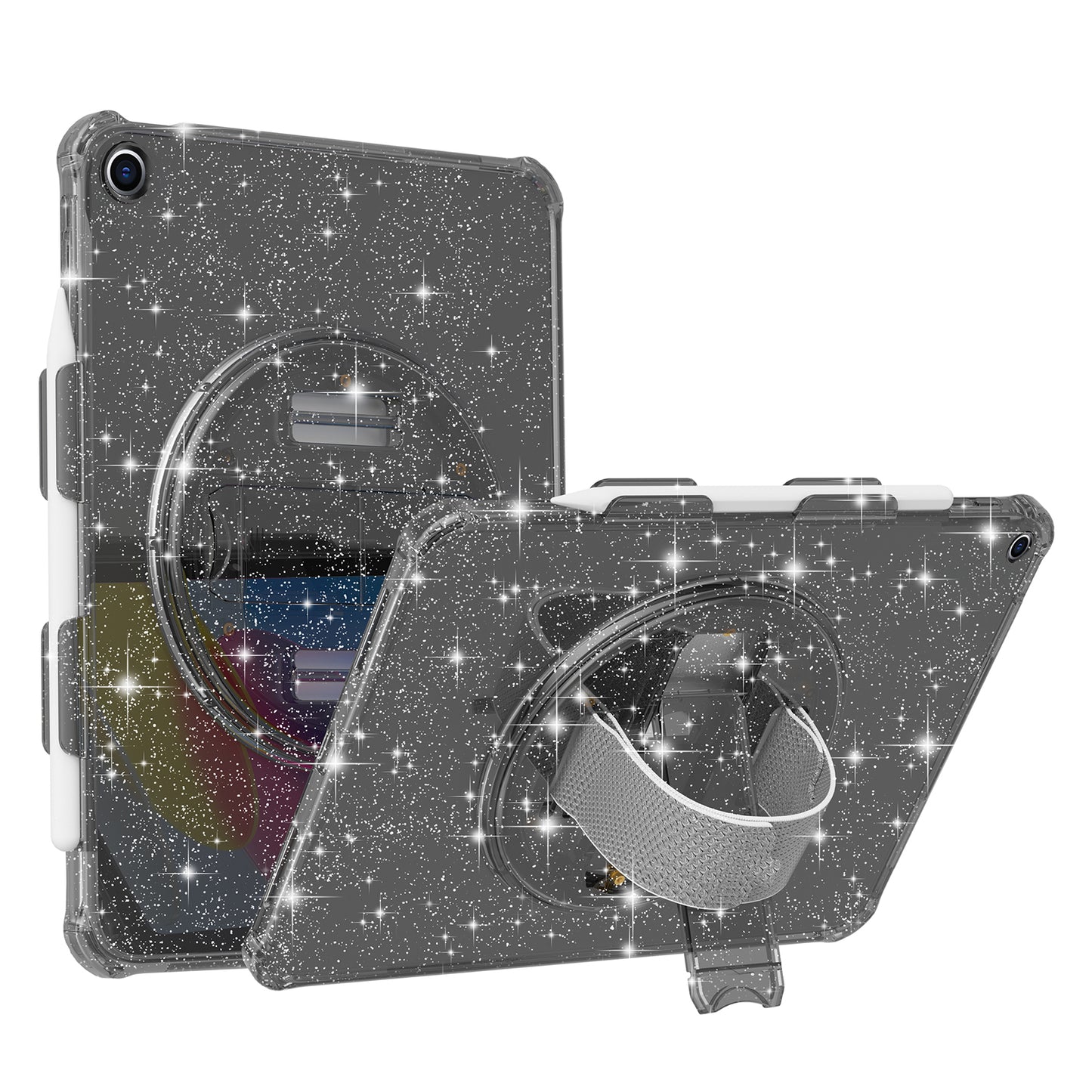 For iPad 10.2 (2021) / (2020) / (2019) Rotary Hand Strap Kickstand Tablet Case TPU+PC Tablet Cover with Shoulder Strap