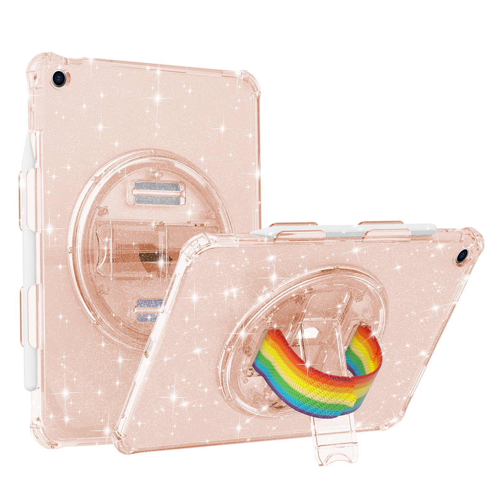 For iPad 10.2 (2021) / (2020) / (2019) Rotary Hand Strap Kickstand Tablet Case TPU+PC Tablet Cover with Shoulder Strap