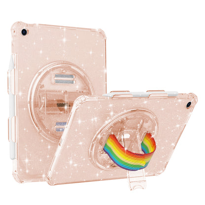 For iPad 10.2 (2021) / (2020) / (2019) Rotary Hand Strap Kickstand Tablet Case TPU+PC Tablet Cover with Shoulder Strap
