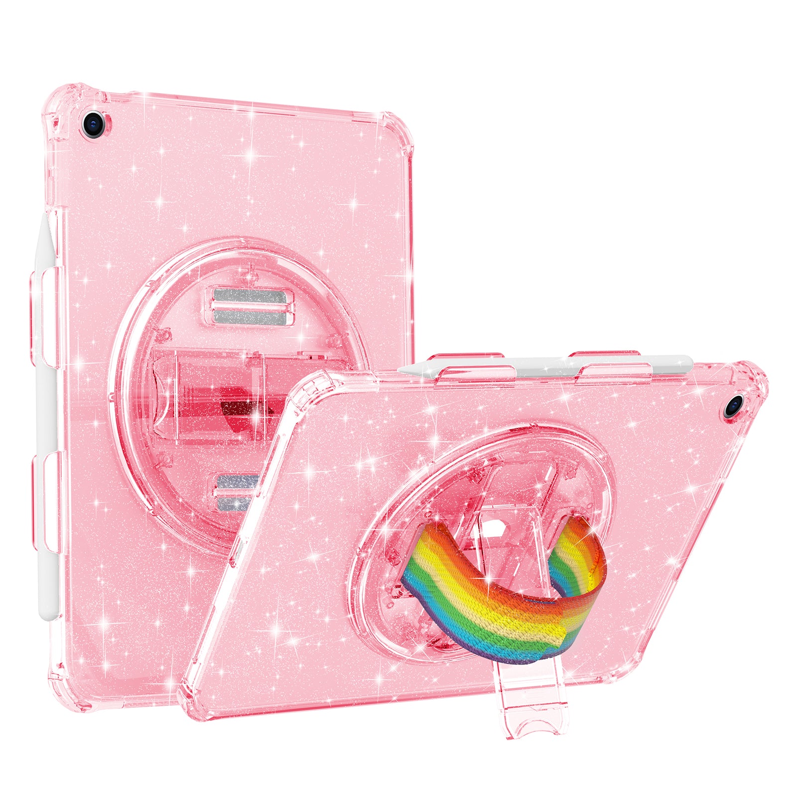 For iPad 10.2 (2021) / (2020) / (2019) Rotary Hand Strap Kickstand Tablet Case TPU+PC Tablet Cover with Shoulder Strap