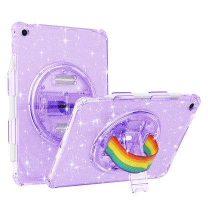 For iPad 10.2 (2021) / (2020) / (2019) Rotary Hand Strap Kickstand Tablet Case TPU+PC Tablet Cover with Shoulder Strap