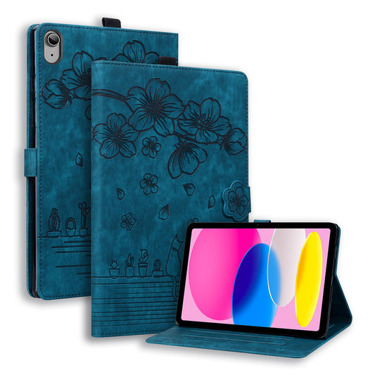 For iPad 10.9 (2022) PU Leather Tablet Case Imprinted Flower Cat Card Holder Stand Tablet Cover