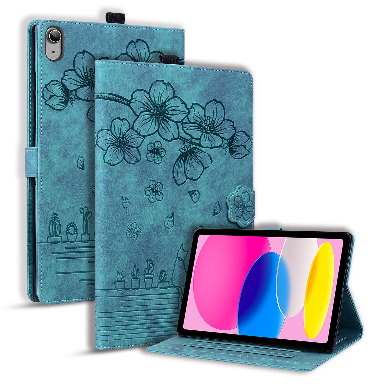 For iPad 10.9 (2022) PU Leather Tablet Case Imprinted Flower Cat Card Holder Stand Tablet Cover